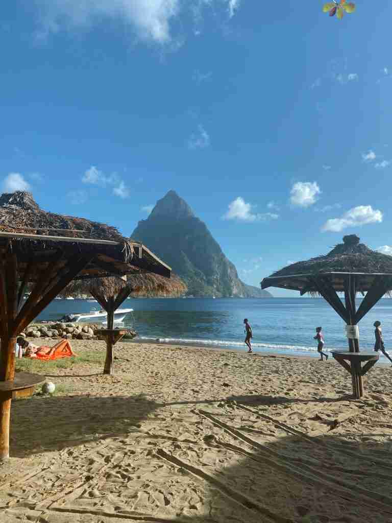 View of the Pitons from Soufriere beach in St Lucia