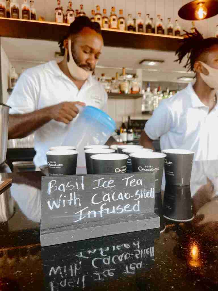 basil ice tea with cocoa infused at hotel chocolat rabot estate in st lucia